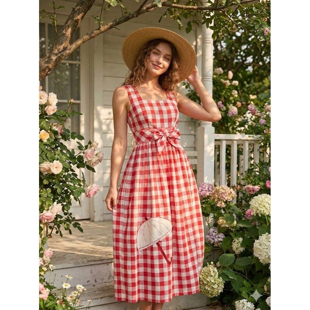 Vintage 70s Red Gingham Maxi Dress Concept Swirl Umbrella Applique Picnic 10